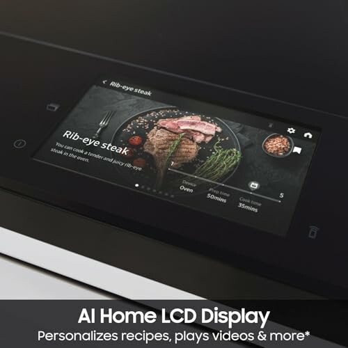 AI home LCD display showing rib-eye steak recipe with cooking details.