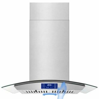 Modern stainless steel range hood with digital display