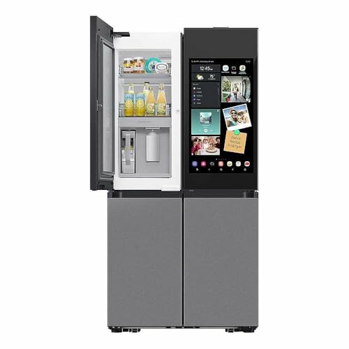 Smart refrigerator with open door and touchscreen display